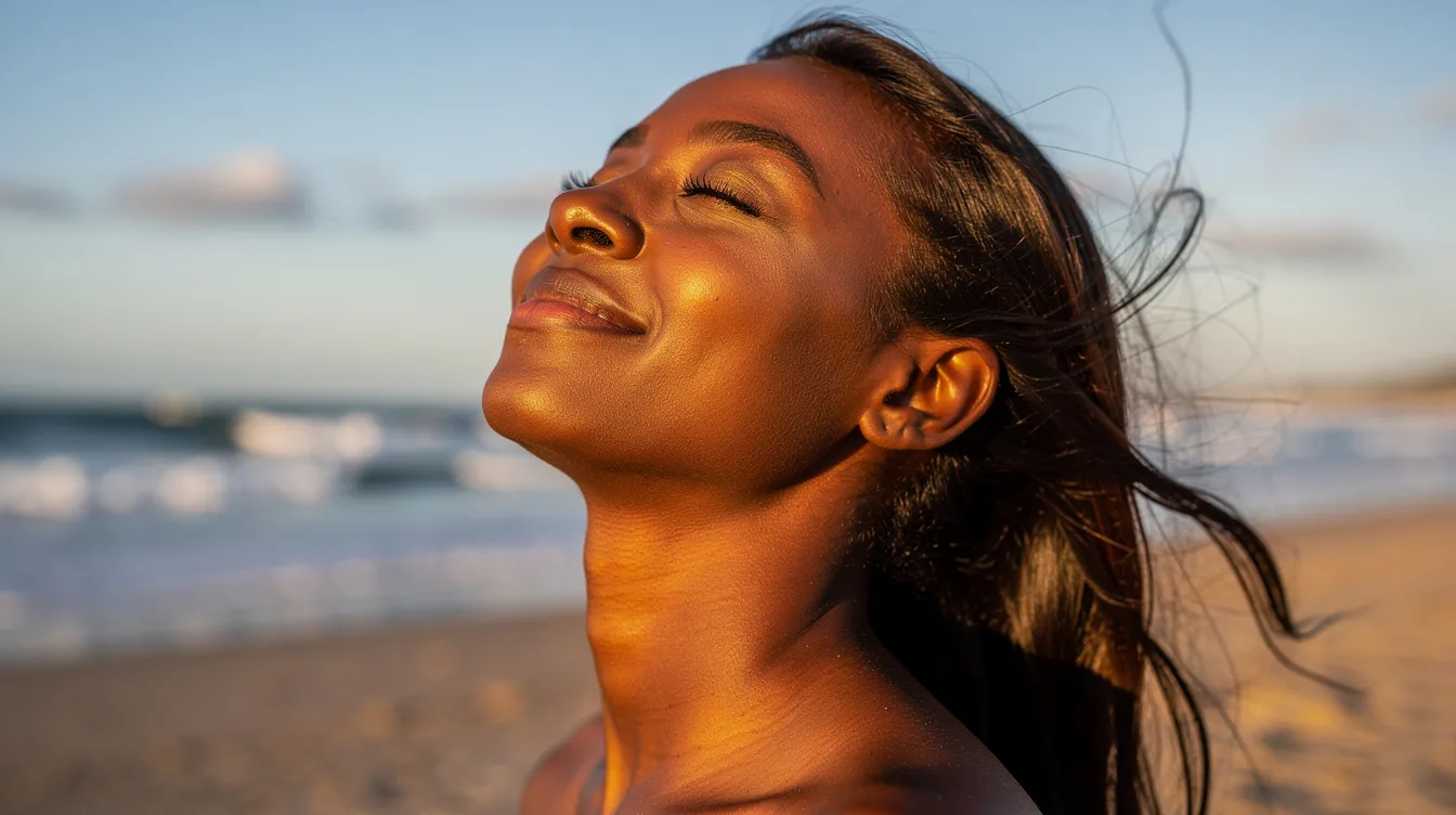 A person with deep skin tone is sitting on the beach, enjoying the sunlight while applying a mineral sunscreen designed for sensitive skin. The scene highlights the importance of sun protection against UV rays, emphasizing the need for broad spectrum SPF to prevent skin irritation and potential skin cancer.