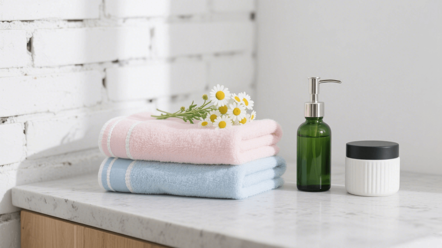 Next to the powder blue folded towel are the bath and hair care products.