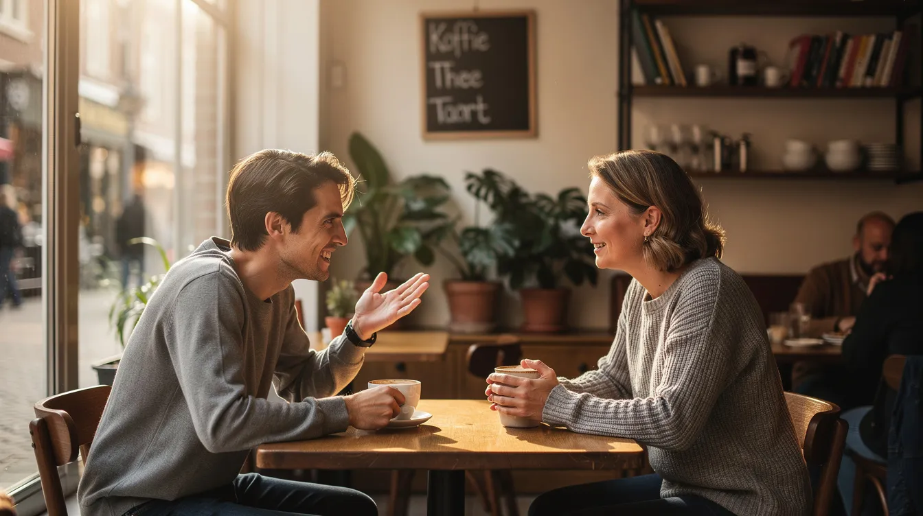 Twee mensen zitten ontspannen in een rustig café, genietend van hun koffie terwijl ze een diepgaand gesprek voeren over hun vriendschap en de mogelijkheden van een fwb relatie. De sfeer is warm en intiem, met een gevoel van emotionele connectie tussen hen.