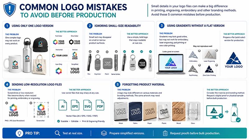 Common logo mistakes to avoid before production including small-size readability, gradients and low-resolution files