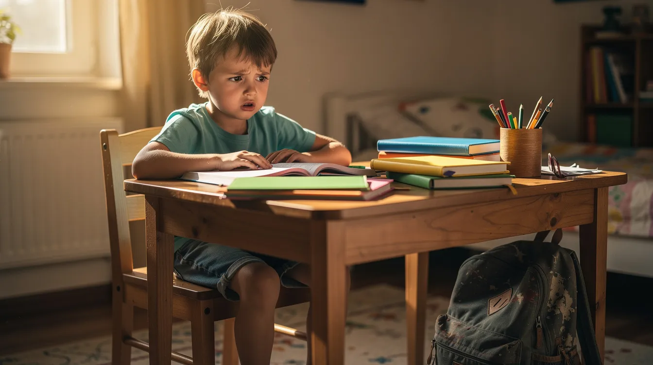 A worried child sits at a desk surrounded by school books and a backpack, bathed in warm natural light, reflecting the emotional distress associated with school anxiety. This image captures the feelings of school refusal and the mental health challenges many young people face when attending school.