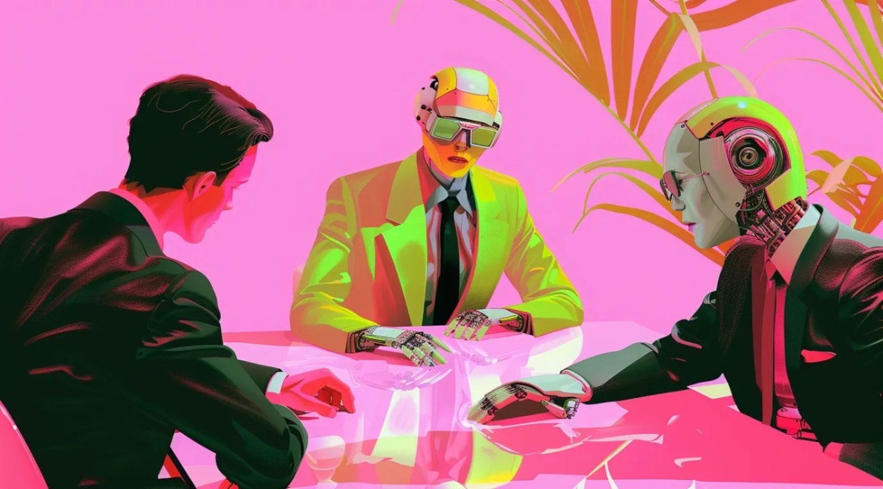 A futuristic business meeting scene in vivid neon pink and green tones, showing three figures at a table: a human in dark attire, a person wearing a VR/AR headset in a fluorescent suit, and a humanoid AI robot with visible circuitry and a glowing red eye. The cyberpunk aesthetic suggests a discussion between humans and artificial intelligence in a surreal, tech-forward setting.