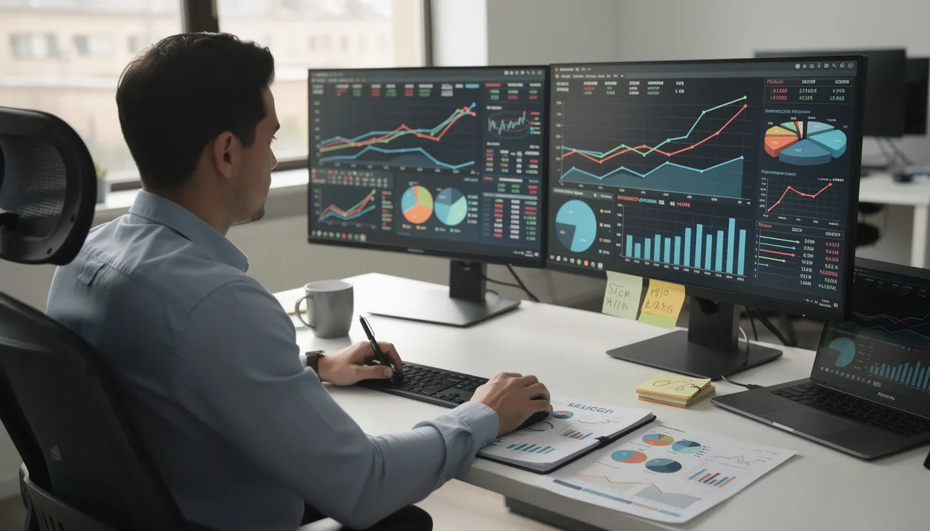The image depicts a person deeply engaged in analyzing various charts and graphs displayed on multiple computer monitors, which showcase sales data relevant to their affiliate marketing business. This scene emphasizes the importance of tracking performance metrics and market trends for successful online business strategies.