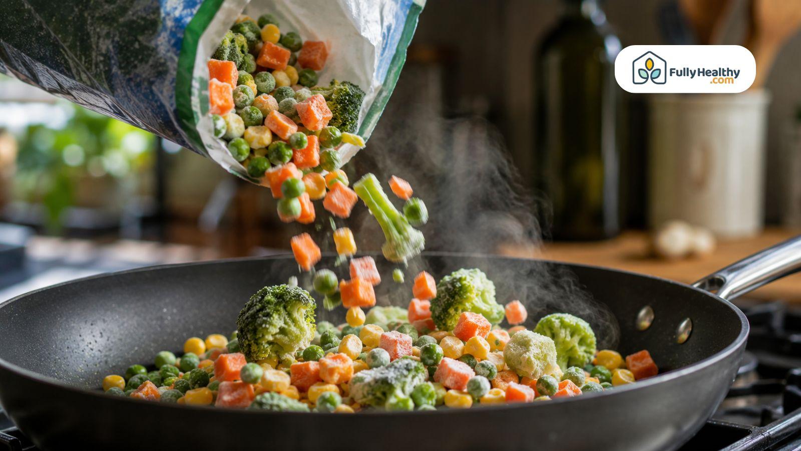 Cooking frozen mixed vegetables with broccoli, carrots, and peas for a kosher meal.