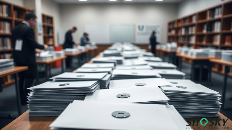 University staff organizing sealed exam packets in secure academic distribution room