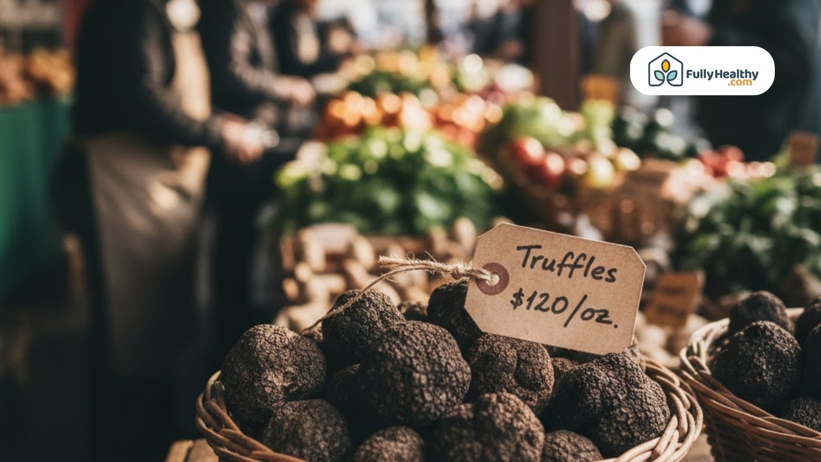 Basket of black truffles at market with price sign