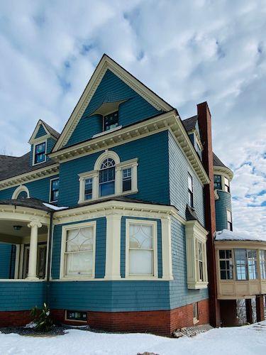 Victorian mansion in the snow in Portland, Maine