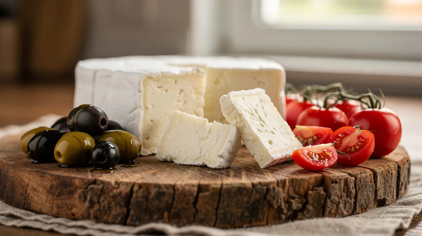 Auf einem rustikalen Holzbrett liegen weiße Käseblöcke, die verschiedene Käsesorten wie Feta und Hirtenkäse darstellen. Neben den Käsewürfeln befinden sich frische Oliven und saftige Tomaten, die eine ansprechende Kombination für mediterrane Gerichte bilden.
