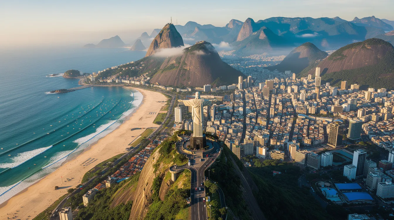 An aerial view of Rio de Janeiro showcases the iconic Christ the Redeemer statue overlooking the city's beautiful beaches and urban landscape, framed by the majestic mountains. This vibrant scene captures the essence of Rio de Janeiro living, blending the marvelous city’s natural beauty with its bustling urban life.
