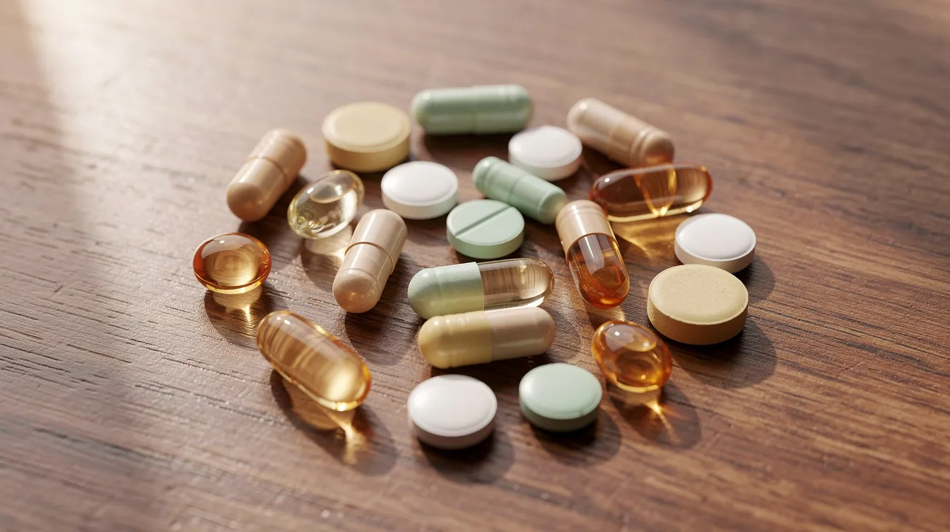 An assortment of various supplement capsules and pills, including forms of magnesium like magnesium citrate and magnesium glycinate, is neatly arranged on a wooden surface, highlighting options for magnesium supplementation that may support overall health, cognitive function, and sleep quality.