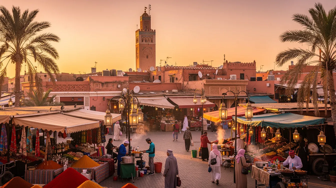 A imagem mostra uma bela vista de Marrakech, com suas construções marroquinas tradicionais e o vibrante mercado local, repleto de turistas explorando os destinos históricos da cidade. Ao fundo, as montanhas do Atlas se destacam sob um céu azul, criando uma experiência visual única no coração do Marrocos.