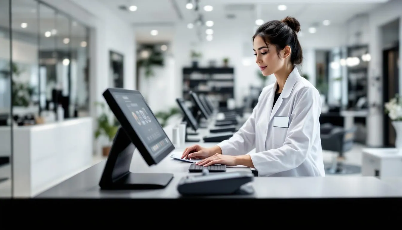 En la imagen se observa a un equipo de profesionales en un salón de belleza utilizando un moderno sistema de punto de venta (TPV) en múltiples estaciones, gestionando citas y pagos de los clientes. El ambiente refleja una organización eficiente y la utilización de software para salones, facilitando la administración del negocio.