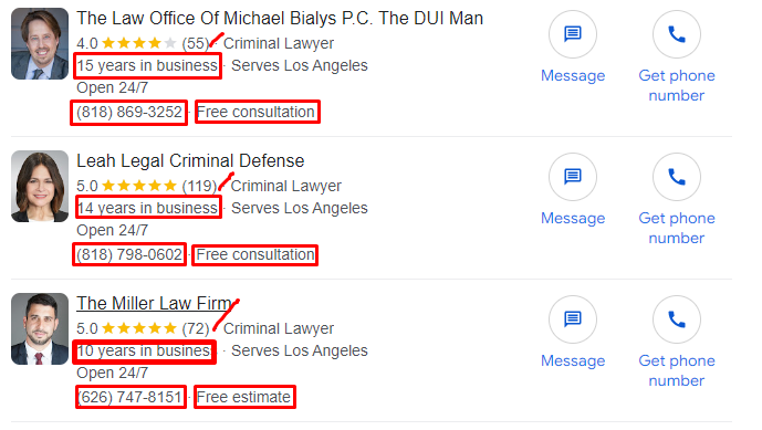Screenshot of search results for criminal defense lawyers in Los Angeles, showing three listings