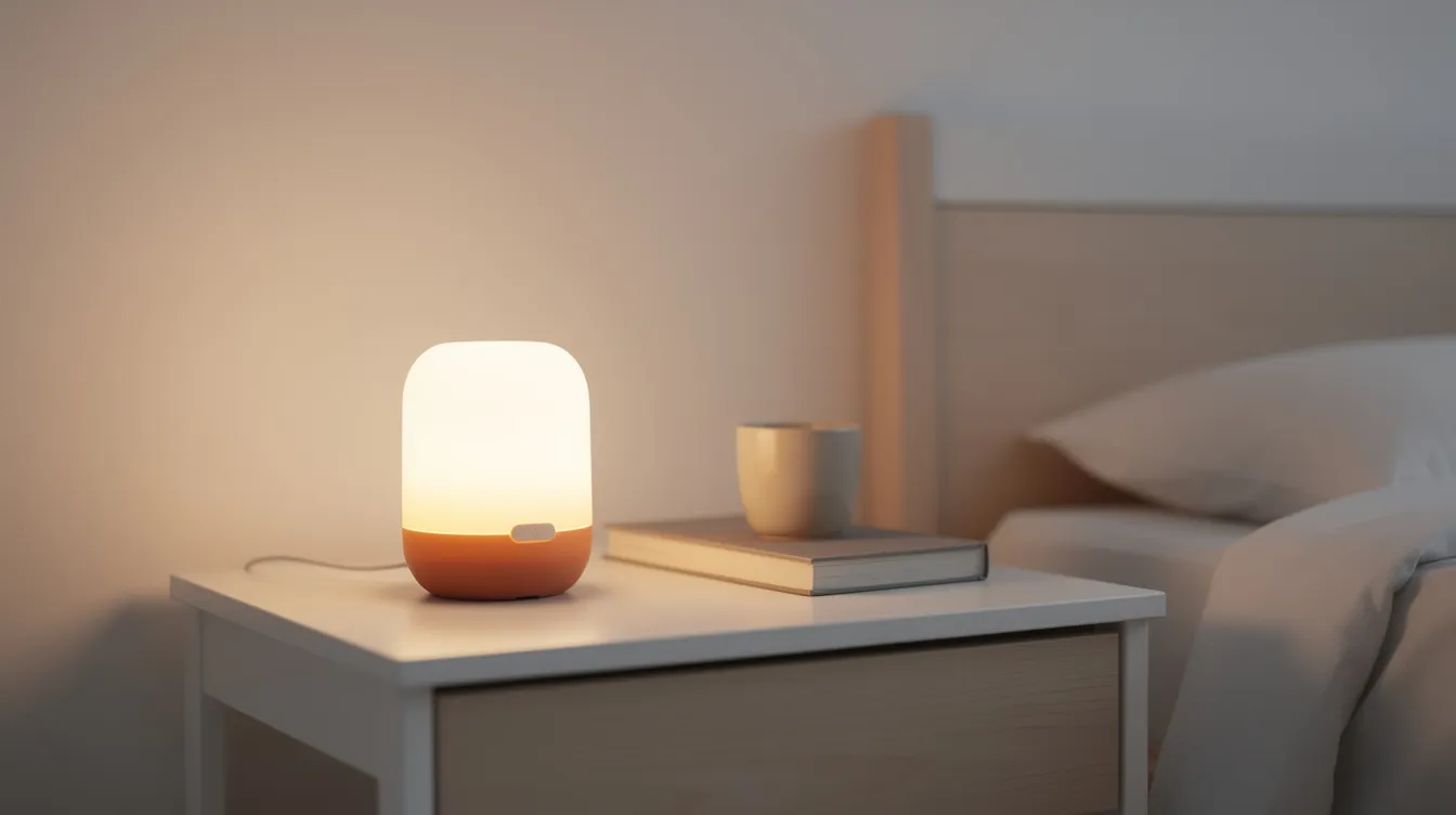A minimalist bedside table features a modern sunrise alarm clock softly glowing, simulating natural light to help regulate the body&rsquo;s circadian rhythm. This gentle wake-up light gradually increases in brightness, creating a peaceful morning atmosphere for a refreshing start to the day.