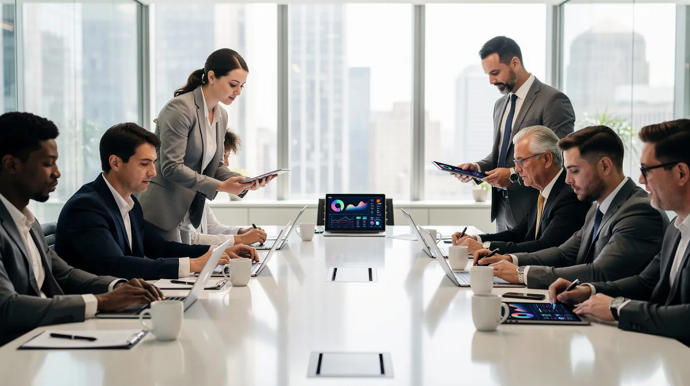 Professionals reviewing data on tablets and laptops in modern boardroom setting