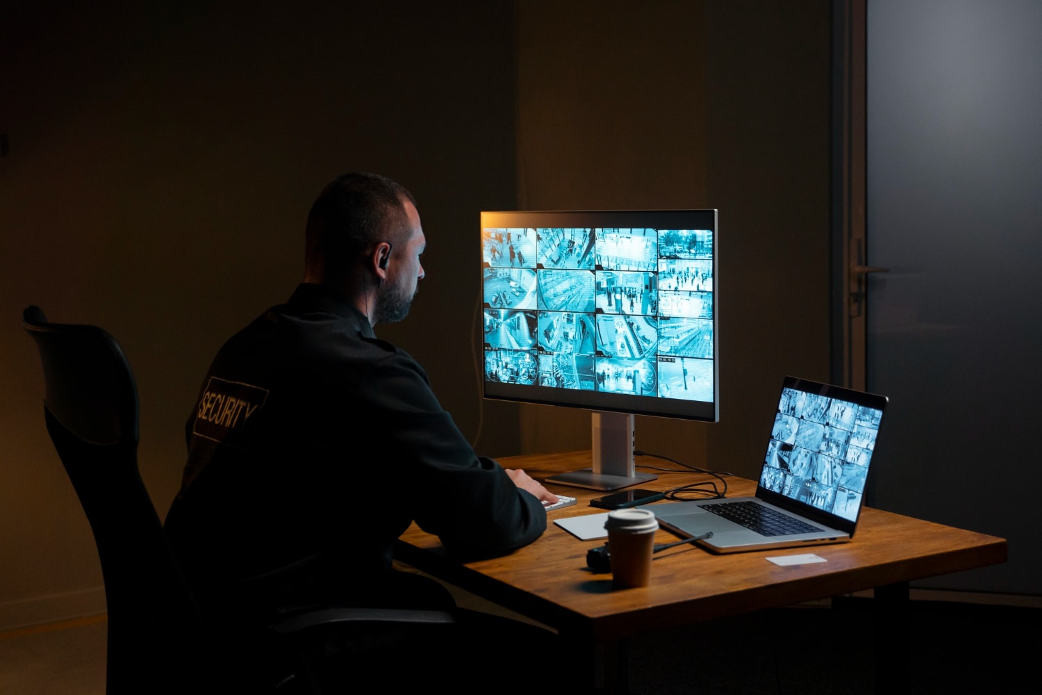 A lone security officer in a dimly lit room is watching a cloud-based surveillance system with multiple live feeds of different locations. His focus highlights the importance of modern security systems in workplace security and secure office entry.