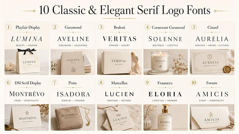 Classic serif logo font examples showing elegant typography for premium and heritage brands