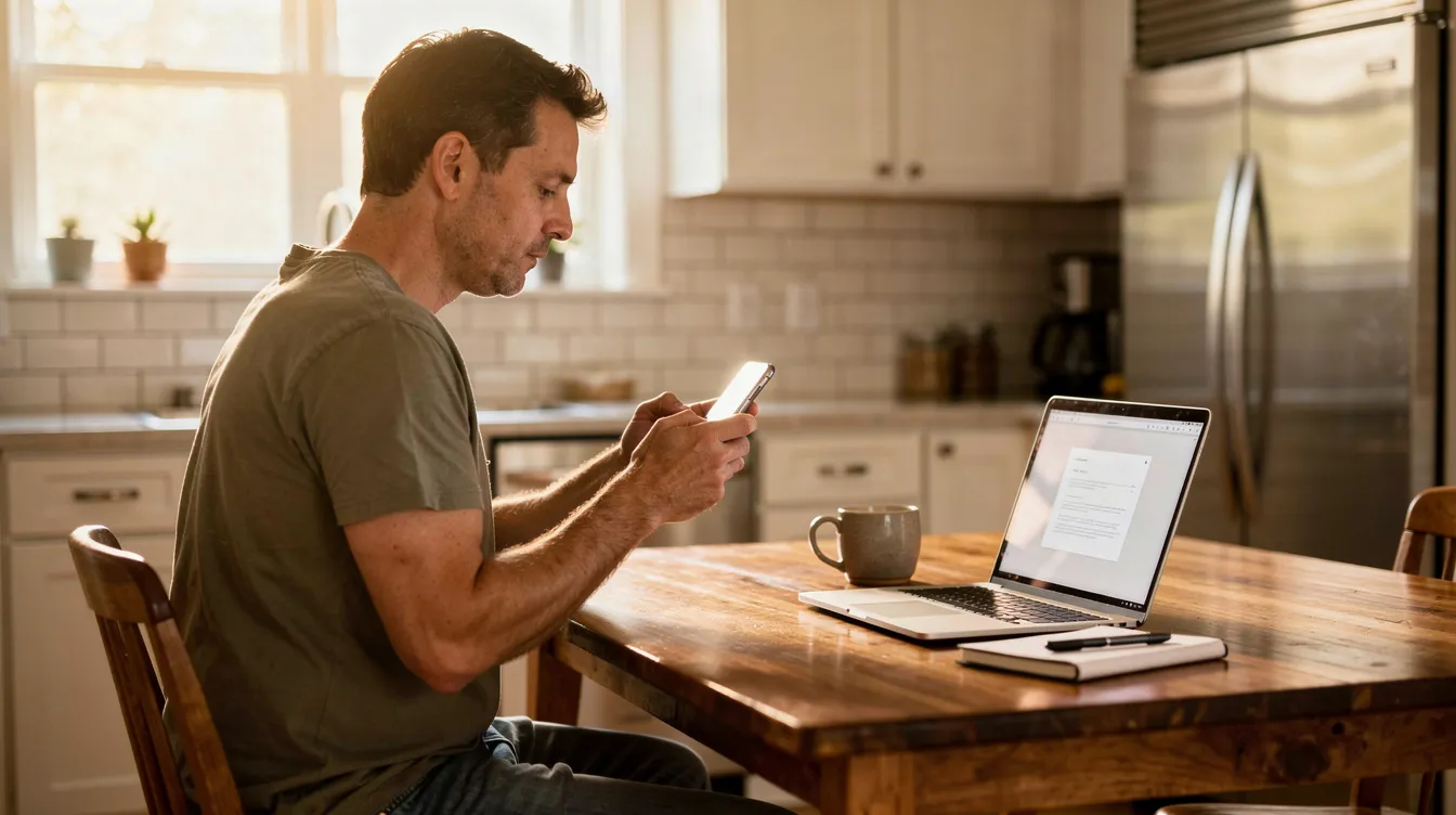 A person is sitting at a kitchen table, using a smartphone while a laptop is open nearby, suggesting a focus on money transfer services or currency exchange. The cozy setting implies ease and simplicity in managing financial operations from home.