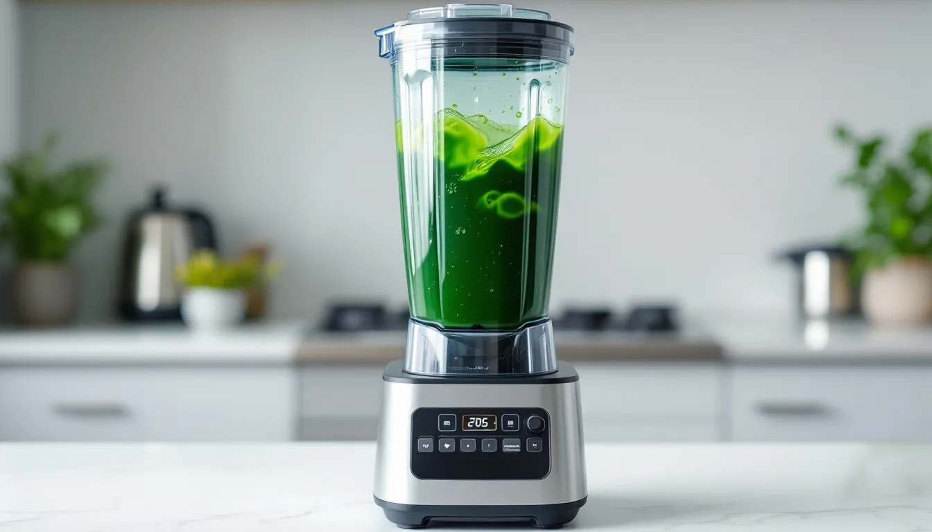 A high-speed blender is shown blending a vibrant green spirulina mixture into a smooth consistency, perfect for a creamy spirulina salad dressing. This nutritious blend may include ingredients like apple cider vinegar, hemp seeds, and mixed greens, making it a delightful addition to any salad.