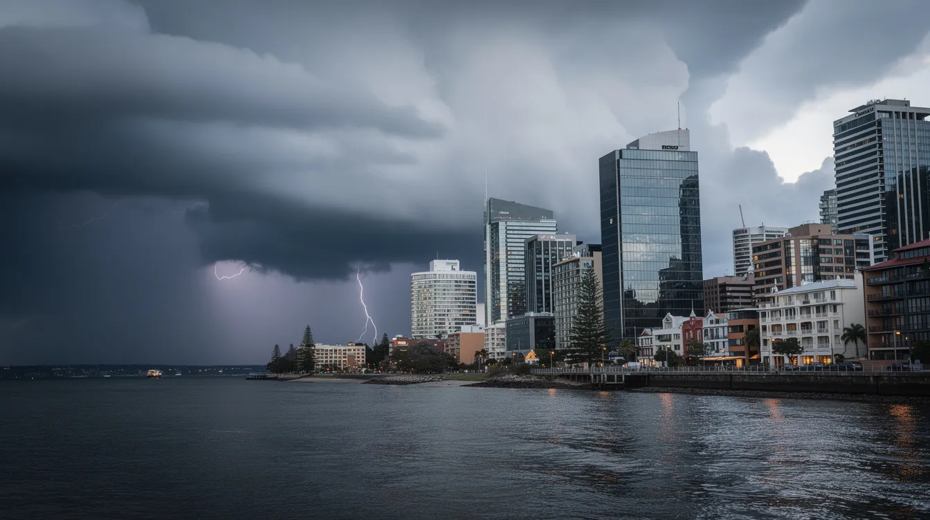 Dark storm clouds loom ominously over a modern Australian city skyline, characterized by sleek buildings and a dramatic atmosphere. This scene reflects the unpredictability of planned events, where factors like speaker cancellations and weather can impact the event details and audience experience.