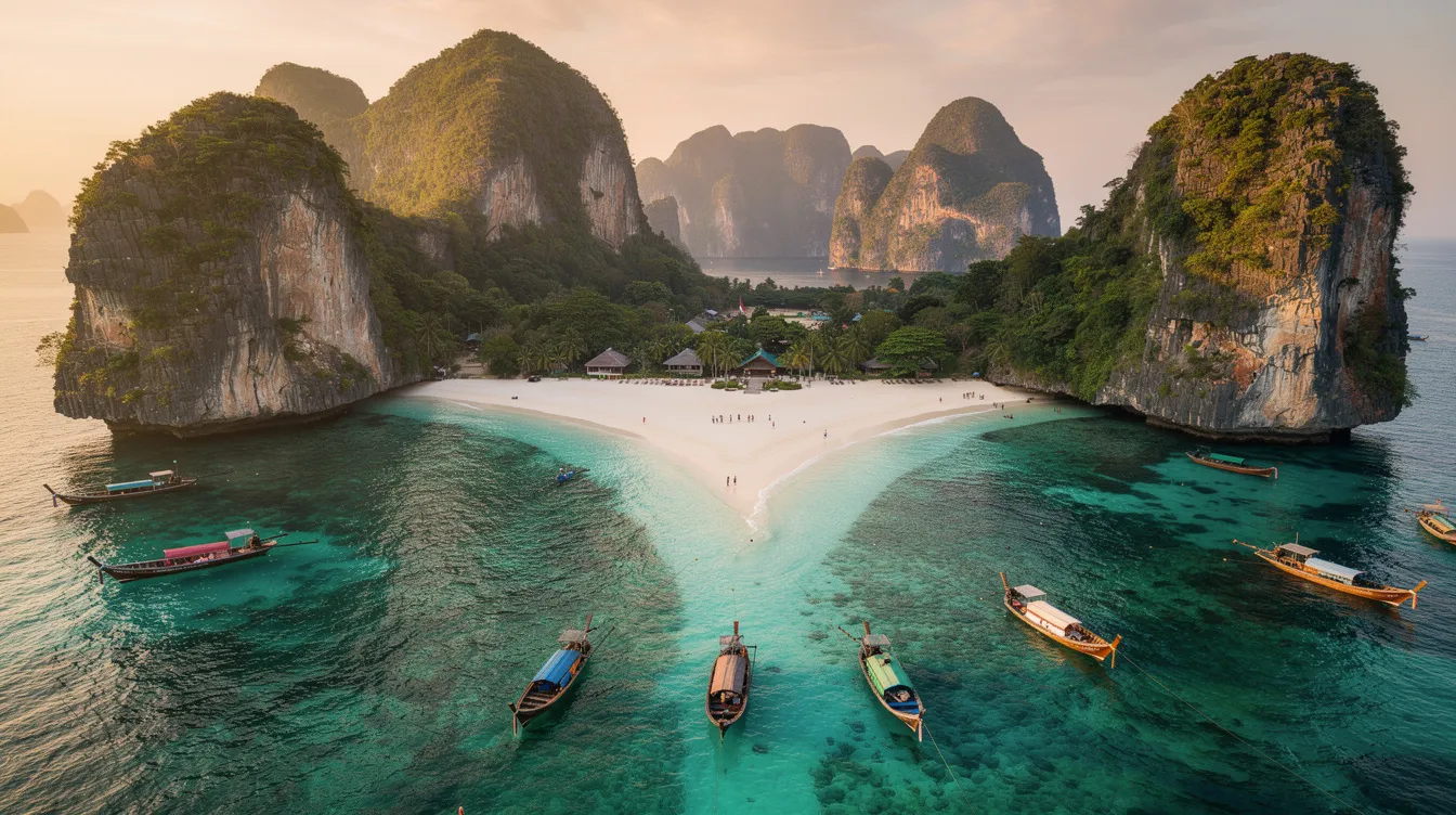 Imagem de uma das belas praias da ilha Koh Phi Phi, na Tailândia, com águas cristalinas e cercada por imponentes paredões de rochas. O cenário tropical é ideal para turistas que buscam uma experiência relaxante e paradisíaca em suas viagens.