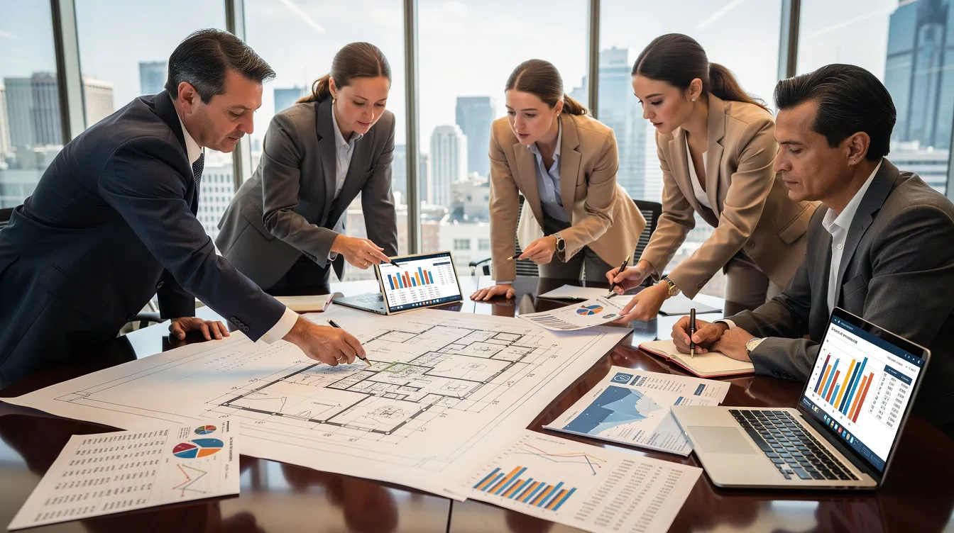 accdd1fa 7099 4c73 a1ae 60281cfcc394 A team of professionals is gathered in a meeting room, intently reviewing architectural blueprints and financial charts, discussing the hospital project costs and operational aspects needed for a multi specialty hospital. The atmosphere is focused, highlighting the importance of planning for medical equipment, construction costs, and healthcare facilities.