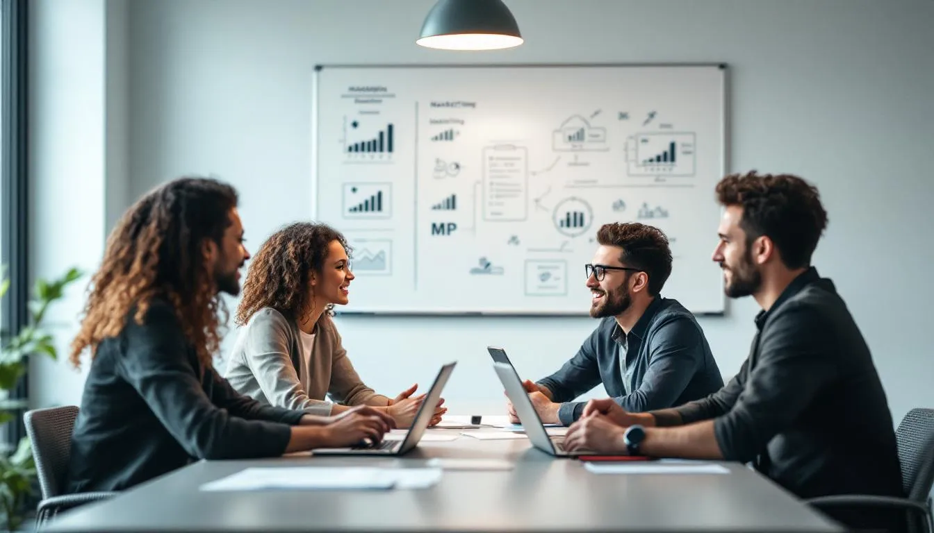 The image depicts a diverse team of professionals collaborating in a modern office space, discussing strategies for online advertising. They are focused on creating innovative digital marketing strategies to enhance business growth and improve online visibility for their clients.