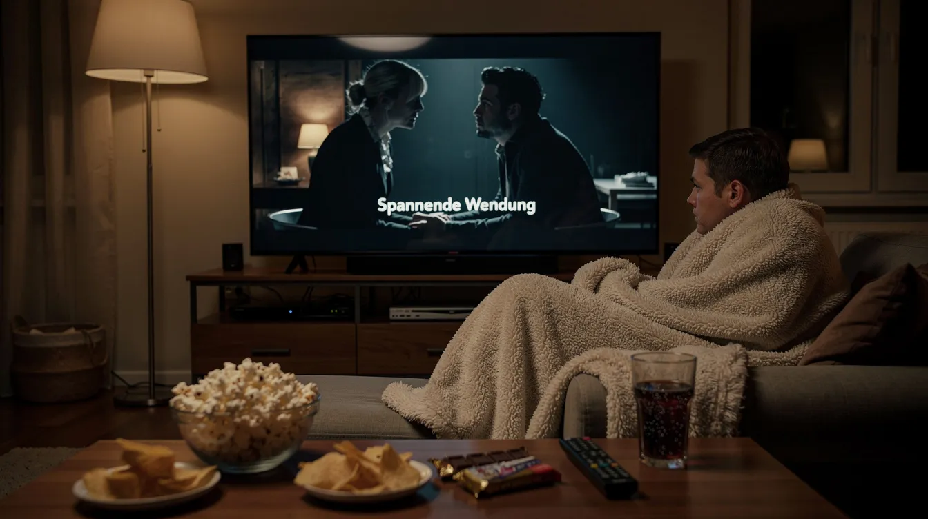 In einer gemütlichen Couch-Szene bei gedimmtem Licht sitzt eine Person eingewickelt in eine Decke und schaut gebannt auf einen großen Fernseher, auf dem eine dramatische Szene einer Serie läuft. Auf dem Tisch liegen Snacks bereit, während die Zuschauer in die fesselnden Geschichten des Programms eintauchen.