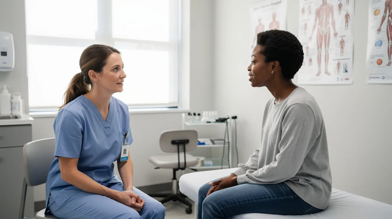 A healthcare professional is engaged in a conversation with a patient in a clinic setting, providing guidance on topics such as breastfeeding and nipple shape, including flat or inverted nipples. The professional appears attentive and supportive, creating a comforting environment for the patient.