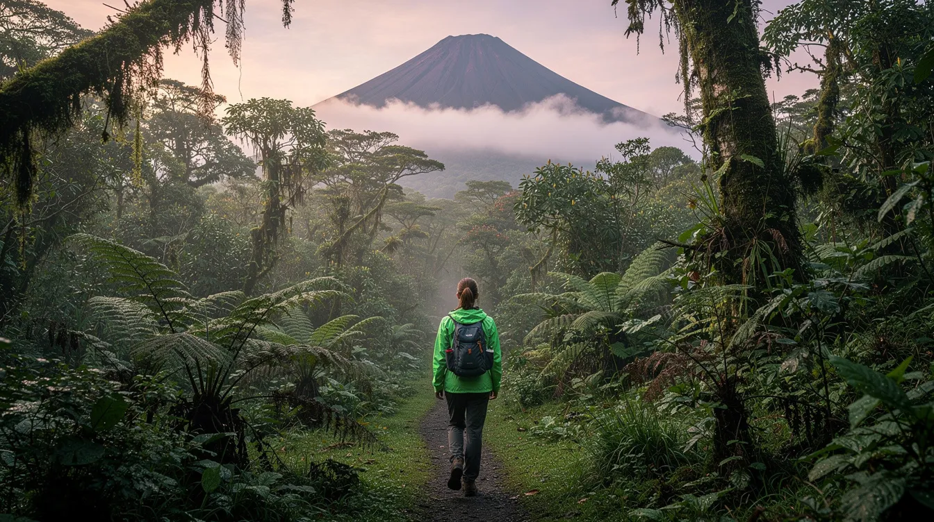 A woman is hiking along a misty green trail in a tropical cloud forest, with a majestic volcano visible in the background. She is dressed appropriately for the humid conditions, likely wearing waterproof hiking shoes and a light rain jacket, perfect for outdoor activities during Costa Rica's rainy season.