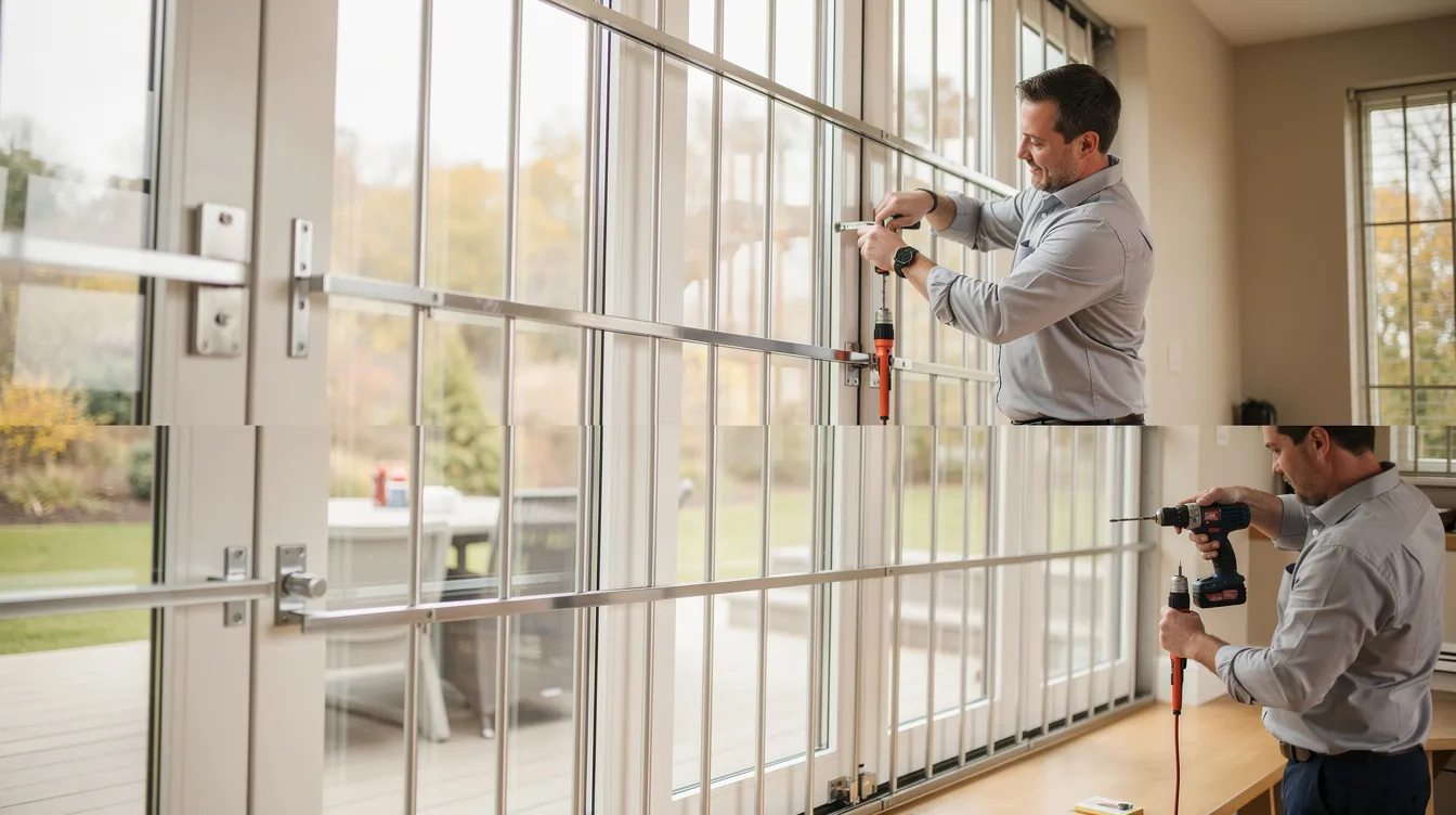 Security bars installed over glass panels for added protection.