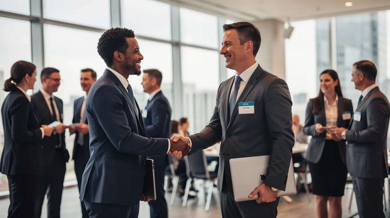 The image depicts a professional networking event where two individuals are engaged in a business handshake, symbolizing a connection between entrepreneurs and potential investors. This interaction highlights the importance of building relationships with venture capitalists and angel investors to discuss business plans and funding opportunities for startups.