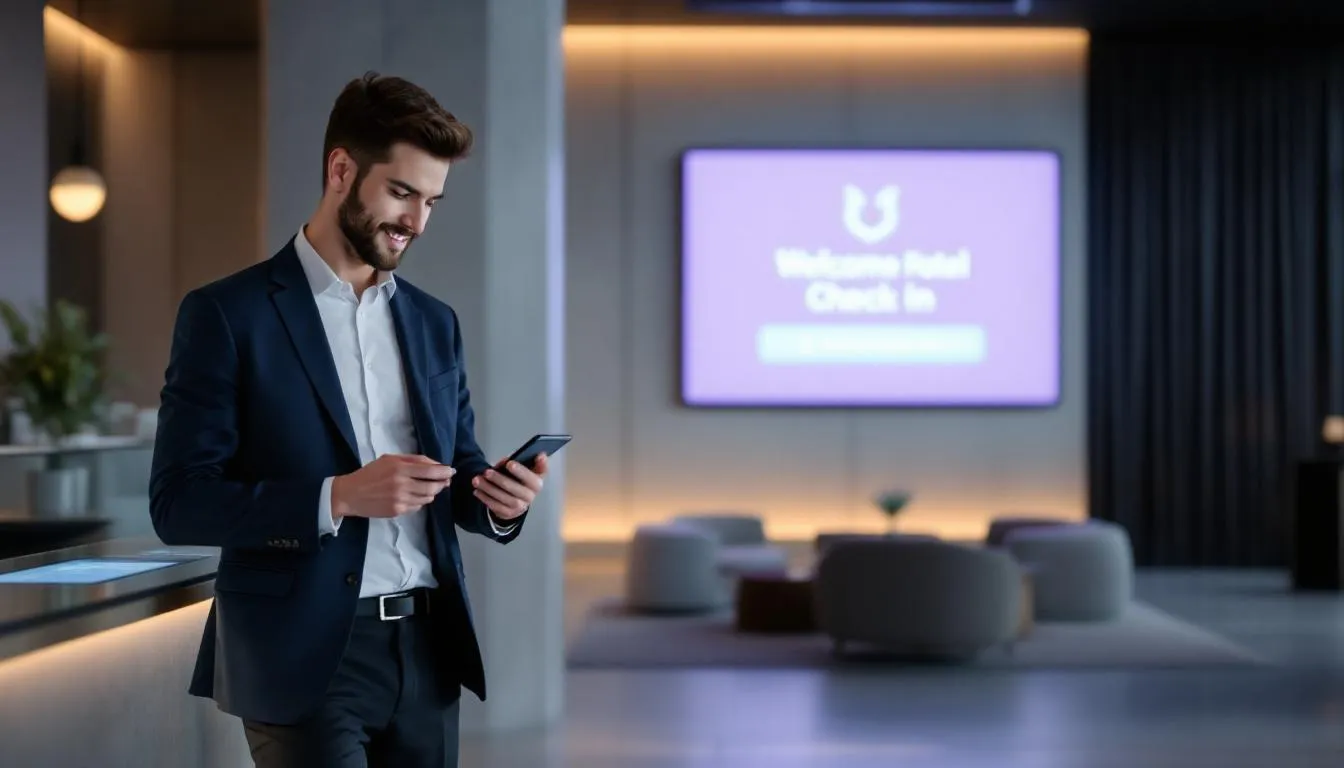 In a modern hotel lobby, a guest is using a mobile device for contactless check-in, showcasing the seamless integration of hotel management software to enhance guest experiences and improve operational efficiency. The environment reflects a focus on maximizing guest satisfaction through innovative technology in the hospitality industry.