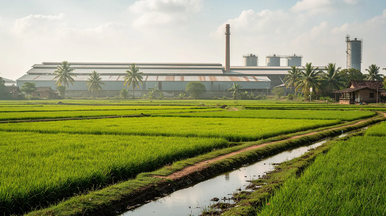 The image depicts a rural Indian landscape featuring lush green paddy fields in the foreground, while industrial factory sheds are visible in the background. This scene highlights the contrast between agriculture and the poha manufacturing business, where raw paddy is processed into flattened rice for local demand and market needs.