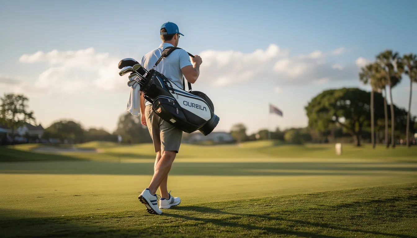 A confident golfer is walking down the fairway on a sunny day, carrying their golf bag, showcasing their commitment to improving their golf performance and fitness. This scene highlights the importance of mobility and strength training for golfers looking to enhance their game and lower their scores.