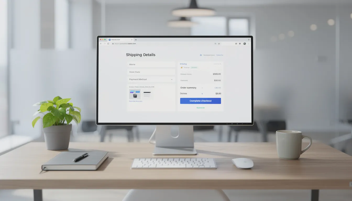 The image depicts a modern office workspace featuring a sleek desktop computer displaying a checkout page interface, illustrating the crucial role of websites in the sales funnel strategy for online businesses. This setup highlights the importance of user-friendly design in guiding potential customers through their decision-making process.
