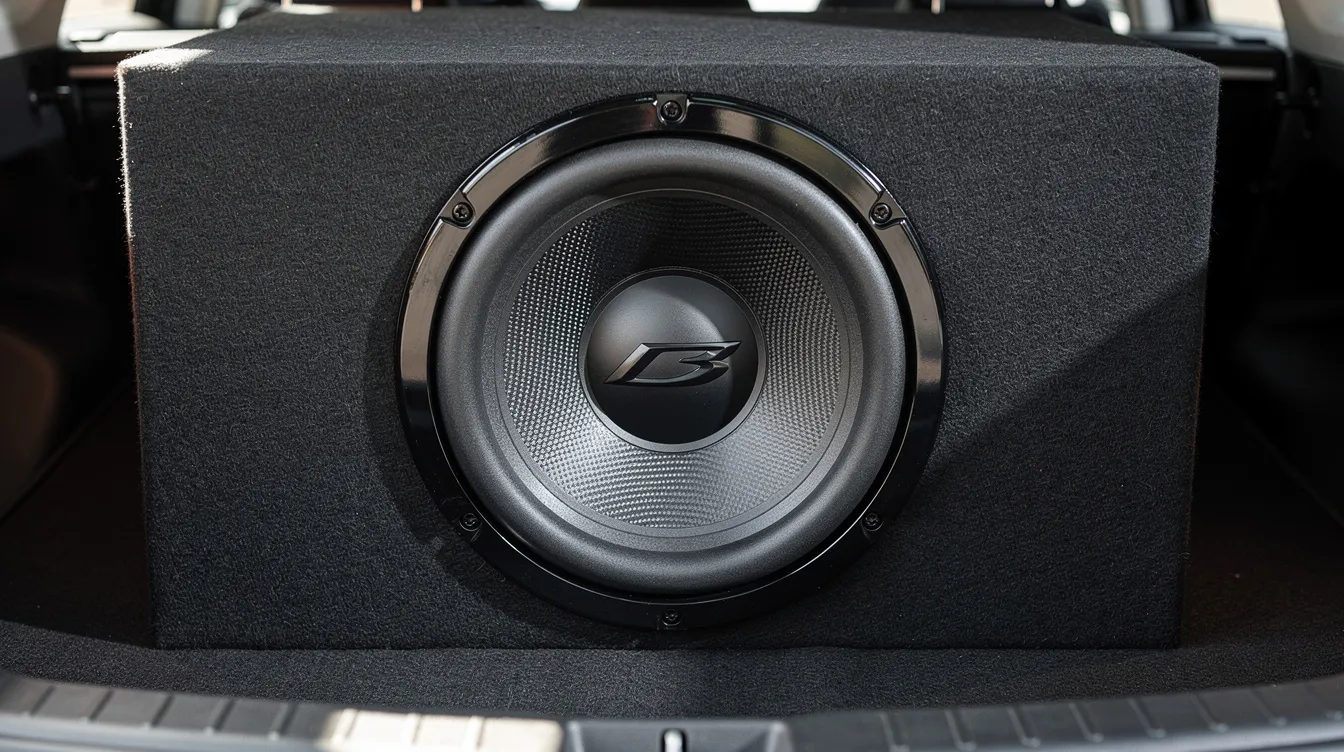 A close-up view of a high-performance car subwoofer installed in a vehicle trunk showcases the detailed cone and surround, emphasizing its robust build for delivering powerful sound. The image highlights the subwoofer as essential car audio equipment, designed to enhance the music experience with deep bass.