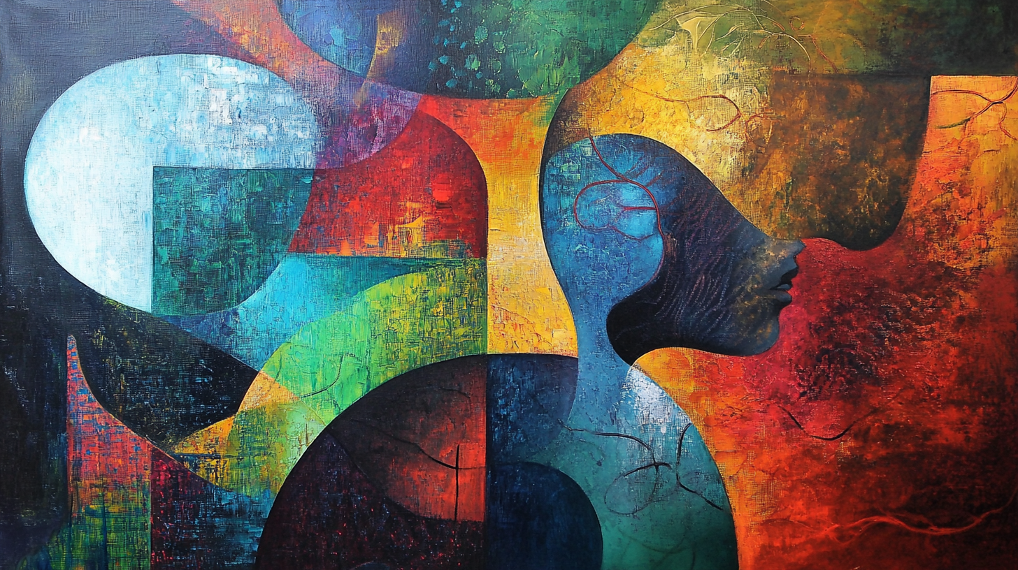 Abstract painting featuring overlapping geometric shapes and vibrant colors, forming human facial profiles with deep blues, fiery reds, and textured patterns.