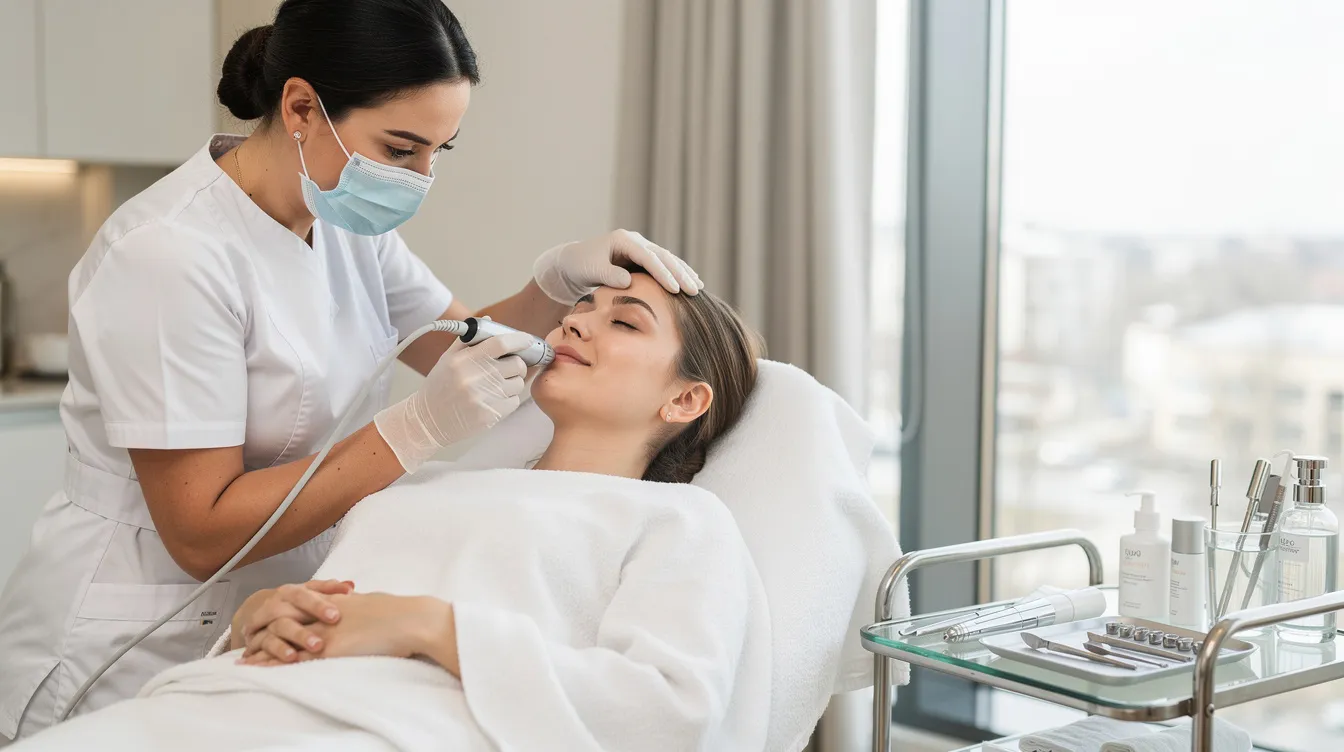 A practitioner is gently administering a facial treatment procedure involving dermal fillers in a modern aesthetic clinic, focusing on enhancing the patient's natural lips while ensuring comfort and safety. The treatment may include the use of hyaluronic acid filler, which can be dissolved if needed, to achieve a youthful appearance without complications.