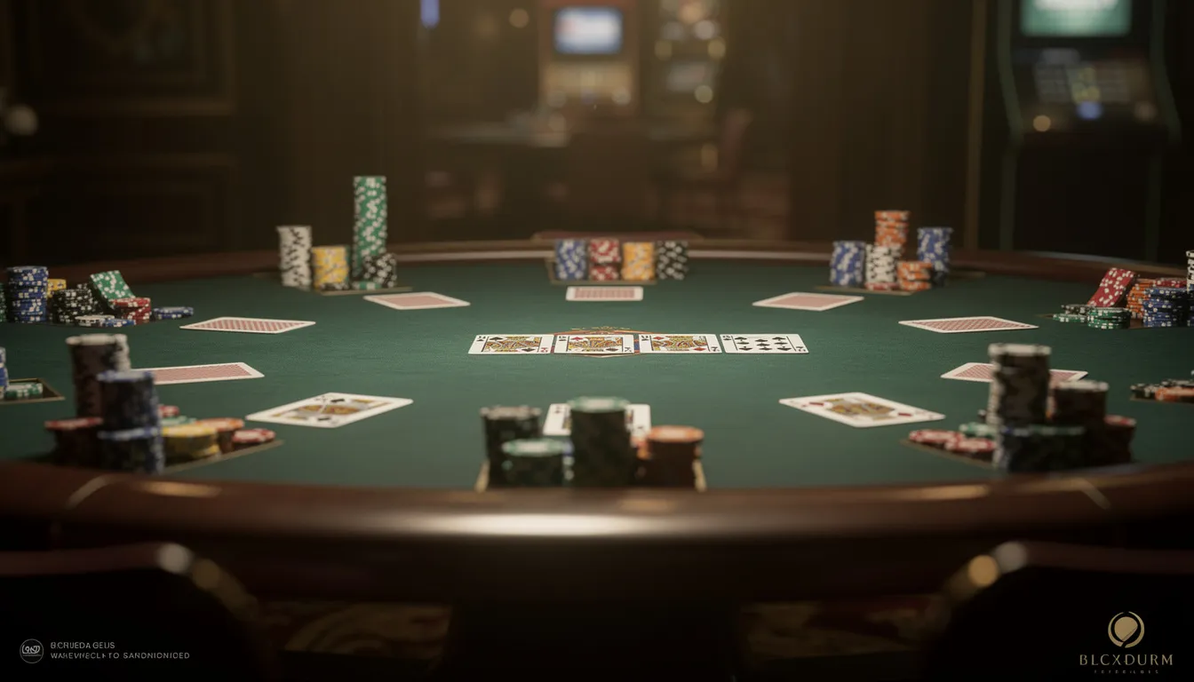 En elegant pokerbordsscen med spelkort och marker, belyst av mjukt ljus, skapar en inbjudande atmosfär för spelare att njuta av poker. Denna miljö är en del av den spännande upplevelsen på pokerstars casino.