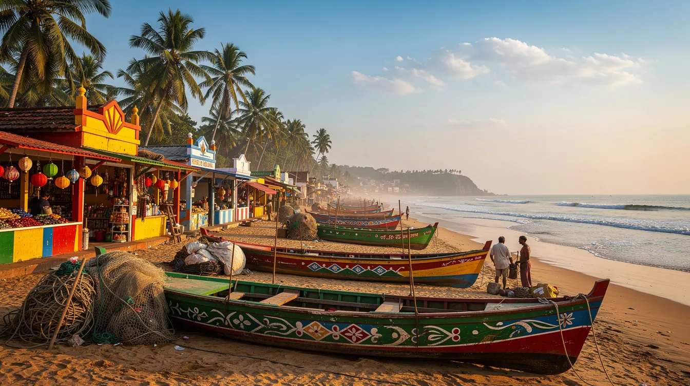 acd917b4 3643 4258 9d5b 552ee27a3ae8 The image depicts the scenic coastline of Goa, featuring colorful small shops and fishing boats lined along a sandy beach, which reflects the vibrant culture and local businesses thriving in the tourist market. This picturesque setting presents numerous small business ideas in Goa, such as beach shacks and water sports rental businesses, catering to both local residents and foreign tourists.