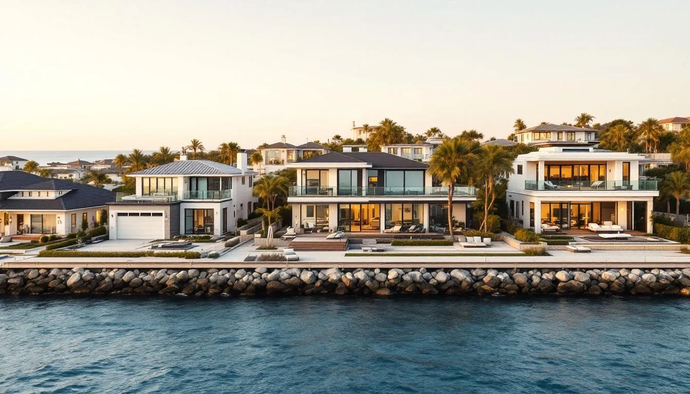 A collection of waterfront homes in a picturesque community.