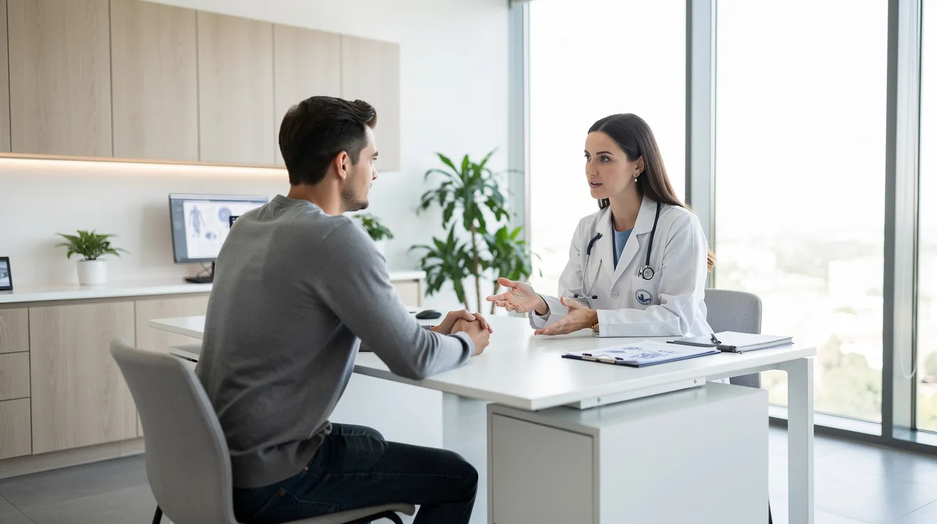 The image shows a patient consultation in a bright, modern medical office, where a doctor discusses surgical options, including tummy tuck surgery, with the patient. The environment reflects a professional atmosphere, emphasizing the importance of proper care and aftercare instructions for optimal healing and scar management.