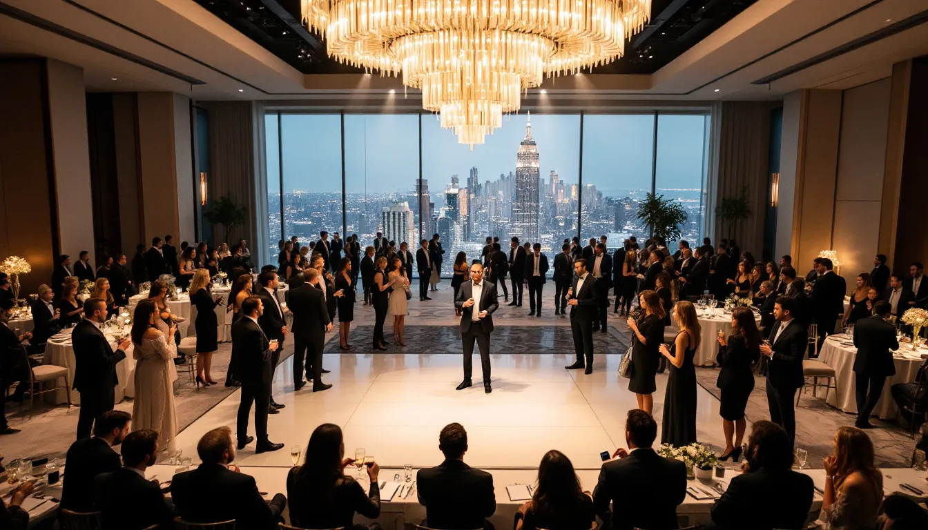A comprehensive view of a corporate event being photographed.