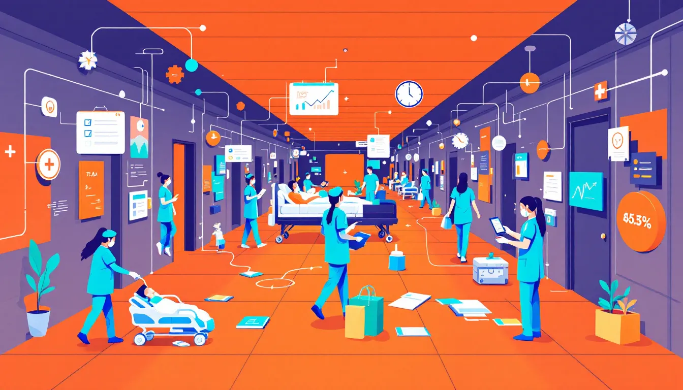 An illustration depicting the concept of nurse staffing factoring, showing healthcare professionals in a busy environment.