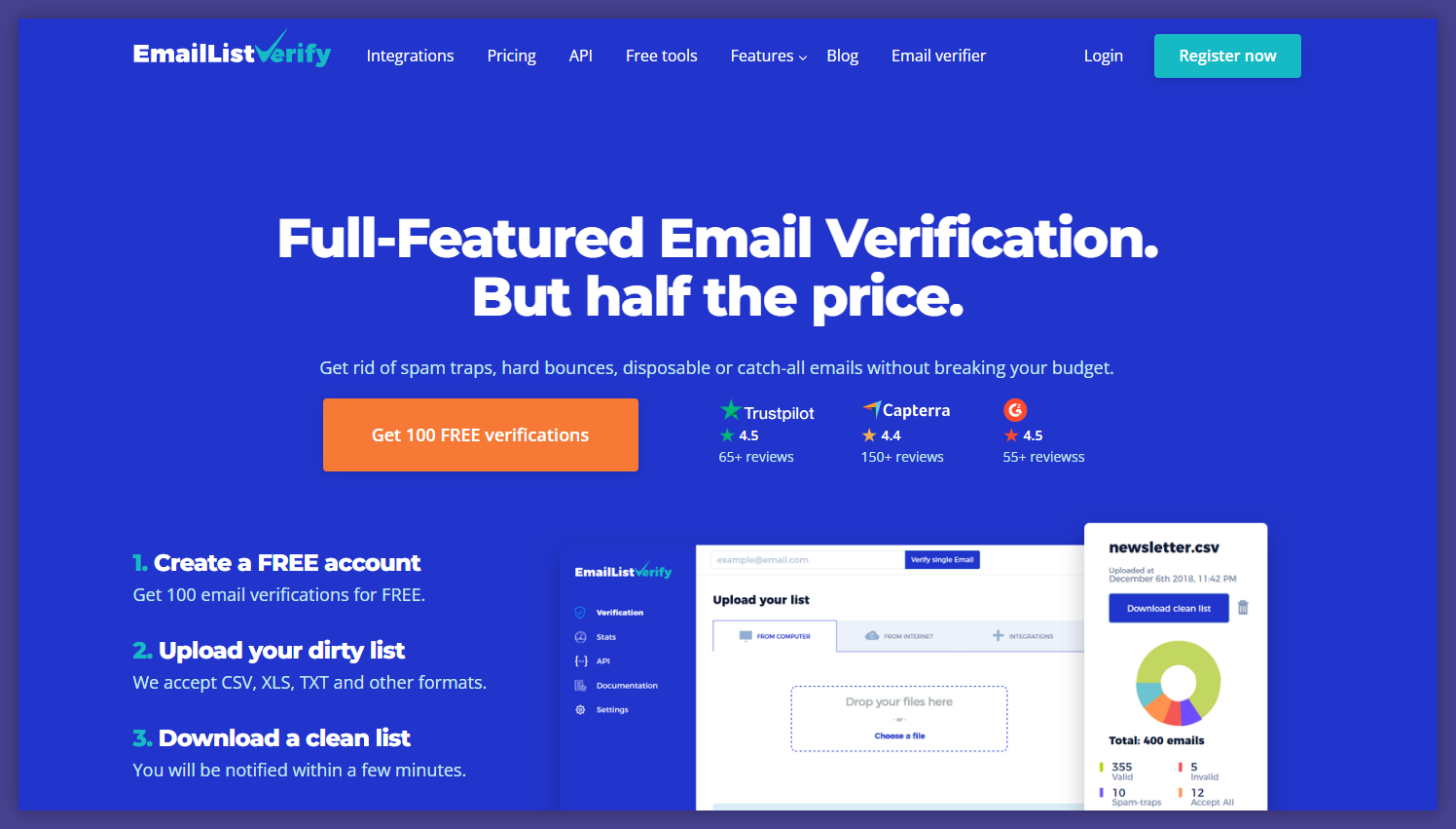 EmailListVerify interface, high-volume tools for email verification featuring one-click bulk cleaning and lead search tools.