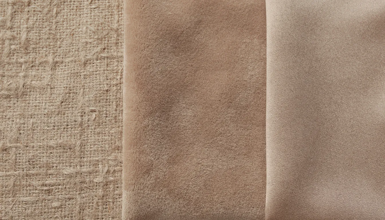 Close-up van verschillende textielstructuren, waaronder grof geweven linnen, zacht velours en subtiele zijdeglans, die samen een uniek assortiment wandbekleding vormen. Deze rijke materialen creëren een warme uitstraling en zijn perfect voor het verbeteren van de akoestiek in iedere ruimte.