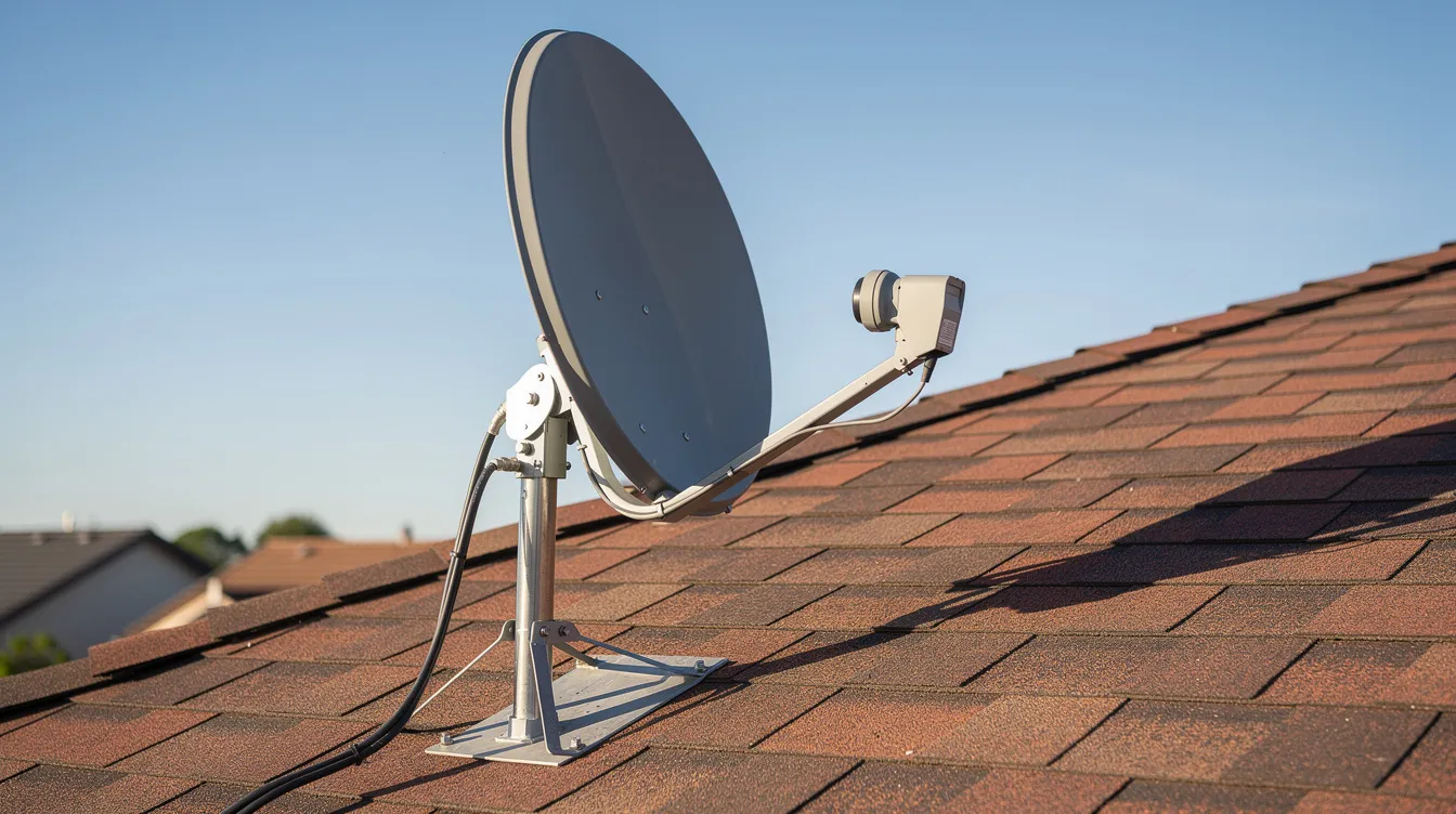 A satellite dish is professionally mounted on a residential rooftop, positioned against a clear blue sky, showcasing the installation services available for optimal signal reception. This setup highlights the importance of proper alignment by accredited installers to ensure a reliable entertainment system.