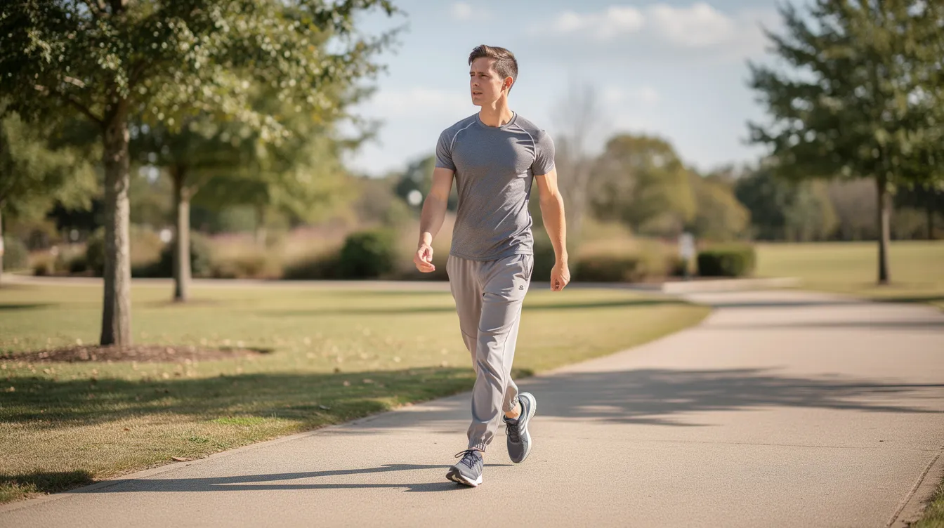 The image depicts a person walking on a paved path outdoors, dressed in comfortable athletic clothing, embodying a healthy lifestyle. This scene reflects the journey toward achieving defined thighs and managing stubborn fat deposits, emphasizing the importance of diet and exercise in maintaining leg proportions.