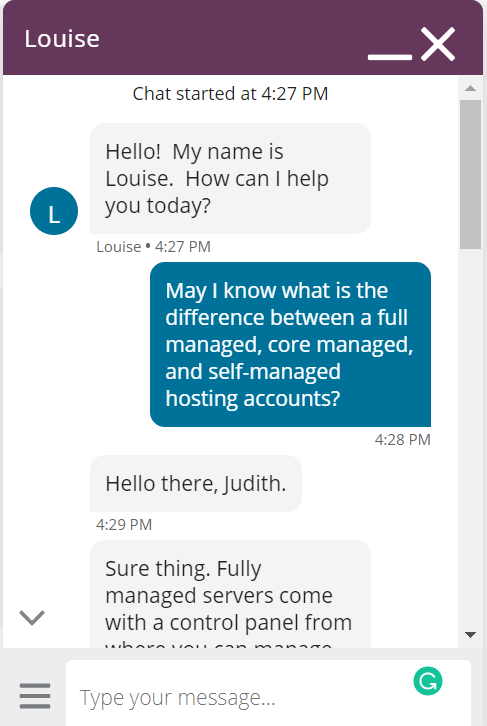 Screenshot of the chat with customer support
